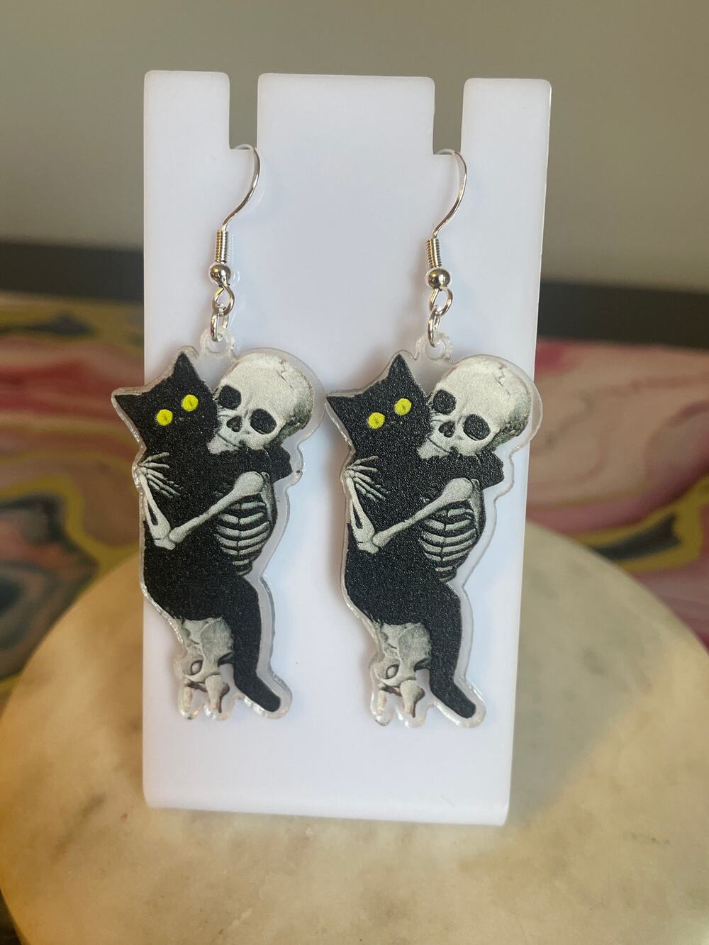 Skeleton and Cat Earrings with 925 sterling silver hooks gothic Halloween